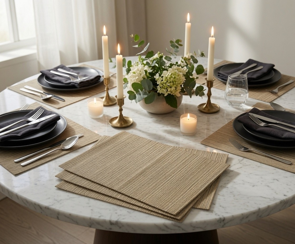 Set of 4 Woven Vinyl Stripe Placemats 18x13 Neutral Tan Beige Heat Resistant EXC